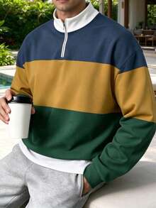 Men's Colorblock 1/4 Zip Pullover Sweatshirt, Multi-Color Striped Stand Collar Long Sleeve Casual Loose Knit Sweatshirt - Multicolor - View 1