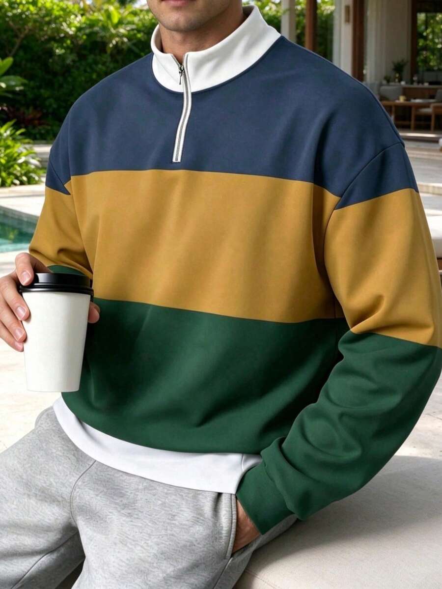 Men's Colorblock 1/4 Zip Pullover Sweatshirt, Multi-Color Striped Stand Collar Long Sleeve Casual Loose Knit Sweatshirt - Multicolor - View 1