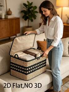 Large Beige Woven Basket With Lid - Foldable And Stackable, Ideal For Organizing Clothes, Blankets | Dust-Proof Large Rectangular Box, 2D Flat Design, Flip-Top Lid, For Entryway, Living Room, Christmas Decor, Under-Bed Storage ﻿ - Multicolor - View 2