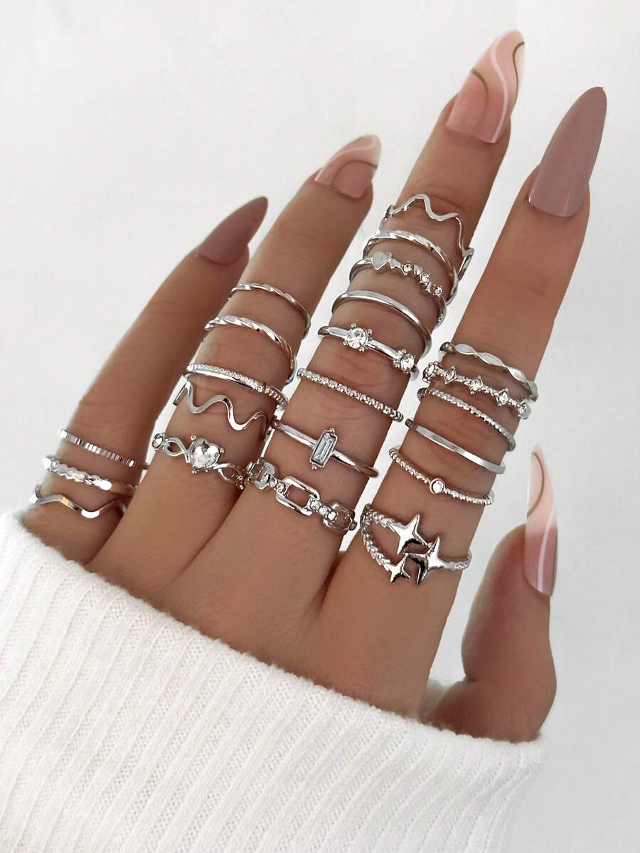 22PCS Star Moon Rhinestone Heart Eye Leaf Rings, Creative Vintage Women's Knuckle Ring Set - Silver - View 1