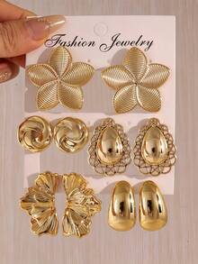 2-10pcs Fashionable Exquisite Five-Petal Flower/Hollow Water Drop/Left-Right Ear Flower/Fabric Flower Earring Set, Suitable For Daily Wear And Gifting, Applicable For All Seasons - Gold - View 4