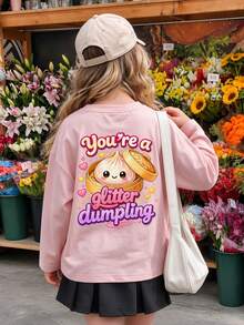 Big Girls Cute You're A Glitter Dumpling Back Print Long Sleeve T-Shirt, Adorable Cartoon Dumpling Pattern Pink Top, Casual Daily Campus Outfit - Pink - View 9