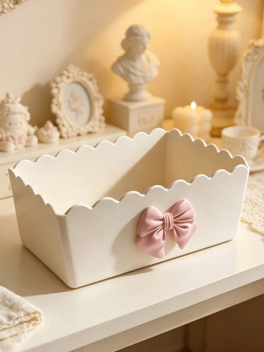 Knot Storage Box With Pink Bow, Yellow Storage Box,Multi-Color Options,Vanity And Makeup Table Organizer, Bathroom Countertop Storage Box, Office Desk And Study Supplies,Student Desk Stationery Organizer, Home Miscellaneous Storage Basket - Multicolor - View 1