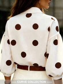 Women's Plus Size Polka Dot Long Sleeve Blouse, Classic Collar Pleated Cuffs, Woven Fabric, Create Fashionable Autumn Look - Brown - View 7