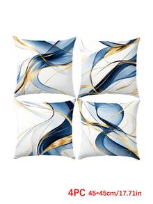 4pcs Minimalist Daily Blue Geometric Abstract Gold Line Pattern Cushion Covers, Single-Sided Printed Peach Skin Velvet Polyester Material, 45*45CM Pillowcases For Modern Fabric Sofa Indoor Decor, Party Decoration, Gift Giving - Multicolor - View 8