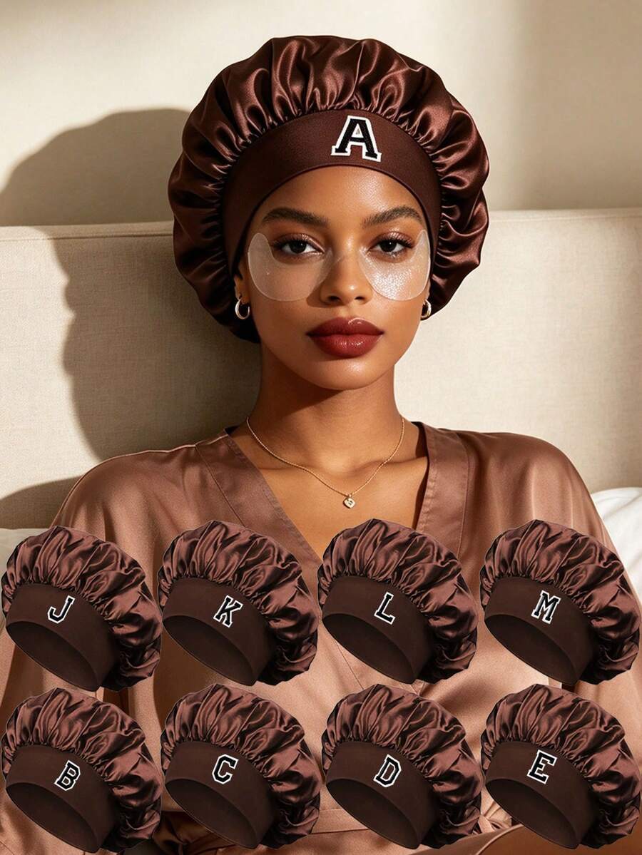 1Pc Unisex Bonnet Hat Customized A-Z Letters Satin Sleep Bonnet,Soft Comfortable Sleeping Bonnet,Elastic Wide-Brim Silky Sleeping Cap For Daily - Coffee Brown - View 1