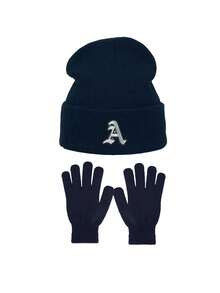 3pcs Navy Blue Knit Hat & Gloves Set, Gothic Letter Cuffed Knit Hat, Full Finger Gloves, Outdoor Travel Cold Weather Warmth Set, Suitable For Daily Wear - Navy Blue - View 4