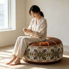 1PC Bohemian-Style Round Storage Ottoman, Faux Leather Linen Floral Footstool, 53*35cm Multifunctional Floor Seat Stool, Large-Capacity Storage Stool With Festive Wreath Decoration For Living Room, Bedroom, And Entryway, Home Holiday Decoration - Coffee-colored Base With Green and White Ruyi Pattern - View 2