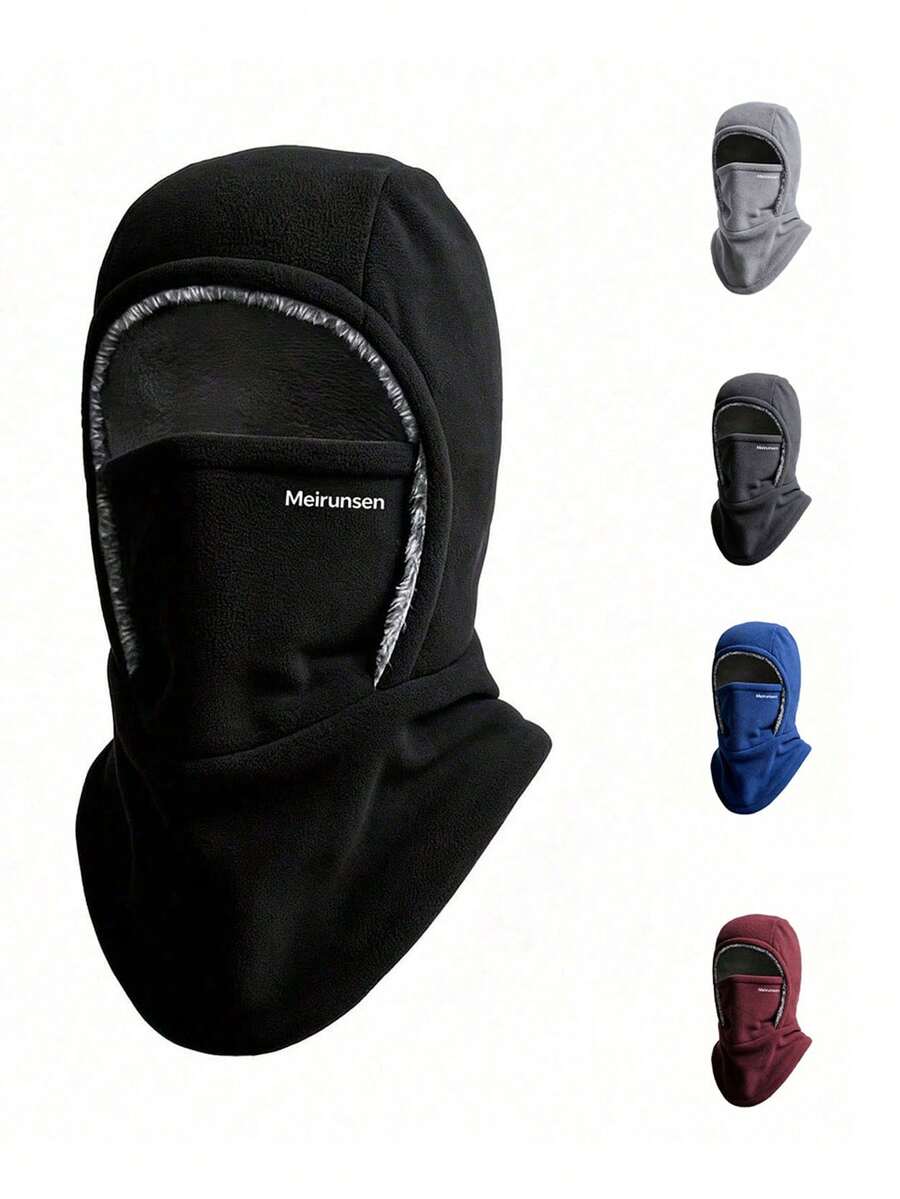 1pc Autumn/Winter New Letter Print Thermal Lined Balaclava Hat, Unisex Warm Hooded Cap Suitable For Daily Wear, Outdoor Activities And Cycling - Multicolor - View 1