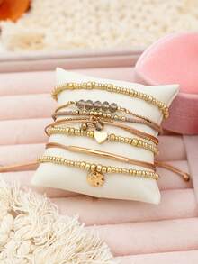 7pcs Bohemian Style Handmade Beaded Seed Bead Bracelets With Round Pendant Heart Beaded Women Bracelet Set - Gold - View 2