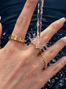 Stainless Steel 18K Gold Plated Waterproof Gold 3pcs Ring Set For Women, Clover Wide Ring, Cross Zirconia Open Ring, Twisted Full Rhinestone Thin Ring, Hypoallergenic, Fade-Resistant, Stackable Hand Jewelry, Daily Accessory - Gold - View 2