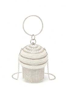 Mini Rhinestone Pearl Tassel Ball Evening Clutch Bag - Silver - View 6