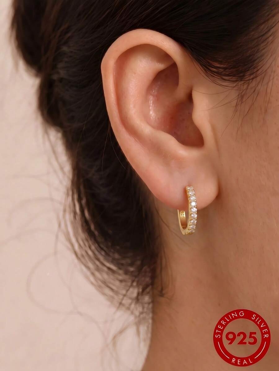 S925 純銀長方形耳環,4色水鑽 U 型耳圈耳環,低過敏性極簡風女款飾品 - 金色 - 查看 1