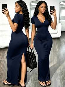 RNU Coffee Brown Solid Color V-Neck Short Sleeve Knit Dress, Soft Elastic Ribbed Fabric, Sexy Slim Fit Bodycon Maxi - Navy Blue - View 6