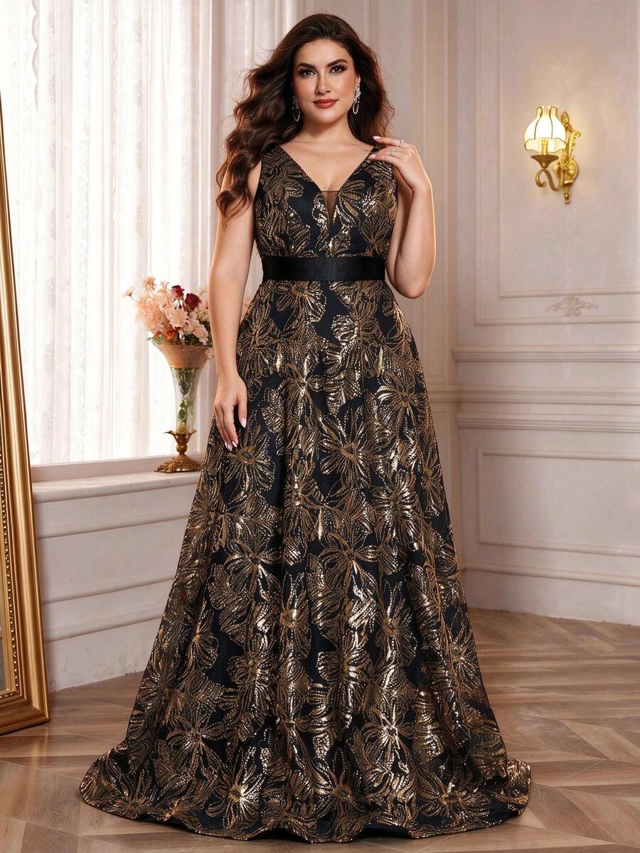 BluePlum Plus Size Women's Sequin Embroidered Patchwork Satin Ribbon V-Neck A-Line Elegant Formal Evening Gown, Wedding Guest Dress, Spring Vacation Style