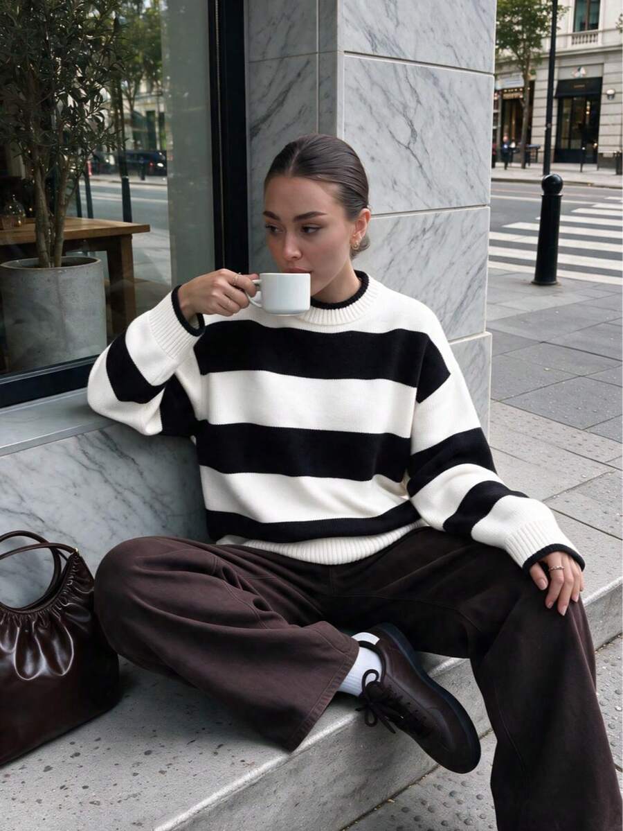 LOVE JOYY Women's Casual Colorblock Striped Crew Neck Knit Sweater, Soft Knit Top, Suitable For Autumn/Winter Daily Wear - Multicolor - View 1