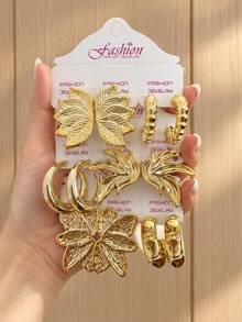 12/4pcs Elegant Fashion Creative Design Women's Gold Earrings, Half ...