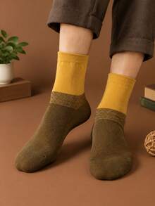 3/5 Pairs Men's Vintage Colorblock Knit Mid-Calf Socks, Soft And Comfortable Mid-Calf Socks, Vintage Style Casual Socks For Daily Wear - Multicolor - View 4