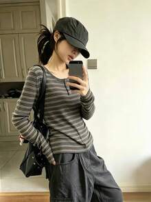 Autumn/Winter Base Layer, Vintage Striped Round Neck Button Long Sleeve Slim Fit Flattering Women's Top - Grey - View 6