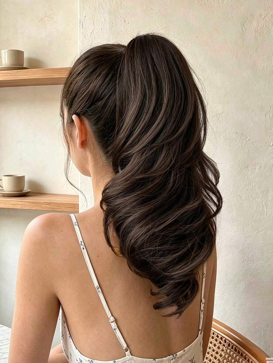 HEYPINK Đuôi ngựa kẹp nối tóc 18 inch màu nâu tự nhiên gợn sóng, sợi tổng hợp mềm chịu nhiệt, phụ kiện tóc cho nữ đeo hàng ngày