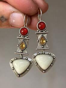 2pcs Women's Earrings, Silver Metal, Geometric Water Drop Pendant, Vintage Style Delicate Ear Jewelry, Daily Commute Outfit, Holiday Gift - Multicolor - View 1