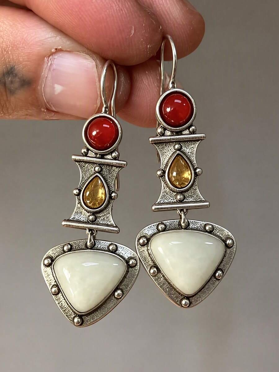 2pcs Women's Earrings, Silver Metal, Geometric Water Drop Pendant, Vintage Style Delicate Ear Jewelry, Daily Commute Outfit, Holiday Gift - Multicolor - View 1