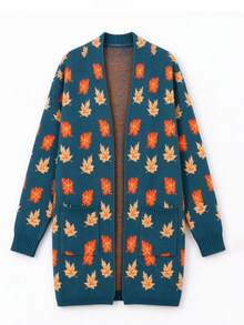 VEXHEIMA Western Style Fall/Winter Halloween Color-Blocked Retro Maple Leaf Pattern Jacquard Long-Sleeve Knit Jacket With Pocket Women's Knit Cardigan - Multicolor - View 7