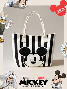 Miniso Disney Mickey Mouse Canvas Tote Bag With Black White Vertical Stripe Print Shoulder Bag With White Handles For Daily Use - White - View 7
