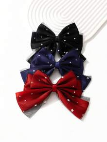 1pc Women's Solid Color Mesh Star Moon Sequin 3-Layer Bow Spring Hair Clip, Versatile Hair Accessory For Daily/Date/Commute - Multicolor - View 3