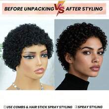 AMECIRE Wig Rambut Manusia Model Pixie Cut Wig Keriting Wig Rambut Pendek Hitam Cocok Untuk Pemakaian Sehari-hari - Natural Black - View 4