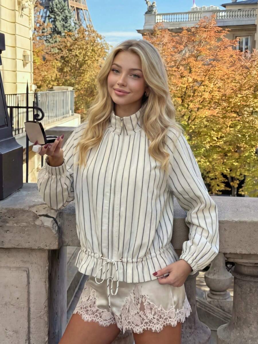 Women's Vintage Striped Zipper Cardigan Shirt, High Neck Lantern Sleeves, Cinched Waist, Ruffle Hem, Loose Fit Top - Light Yellow - View 1