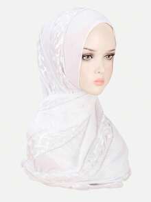 1pc Faux Silk Chiffon Fabric Breathable Lightweight Embroidered Rhinestone Shiny Elegant Hijab Headscarf Long Scarf - Pink - View 2