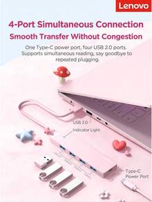 Lenovo LA04 USB 2.0 Hub 4-Port High-Speed Expansion Dock With Type-C Power Port, Stable Connection For High-Power Devices, Compatible With Phone/Tablet/Laptop - View 2