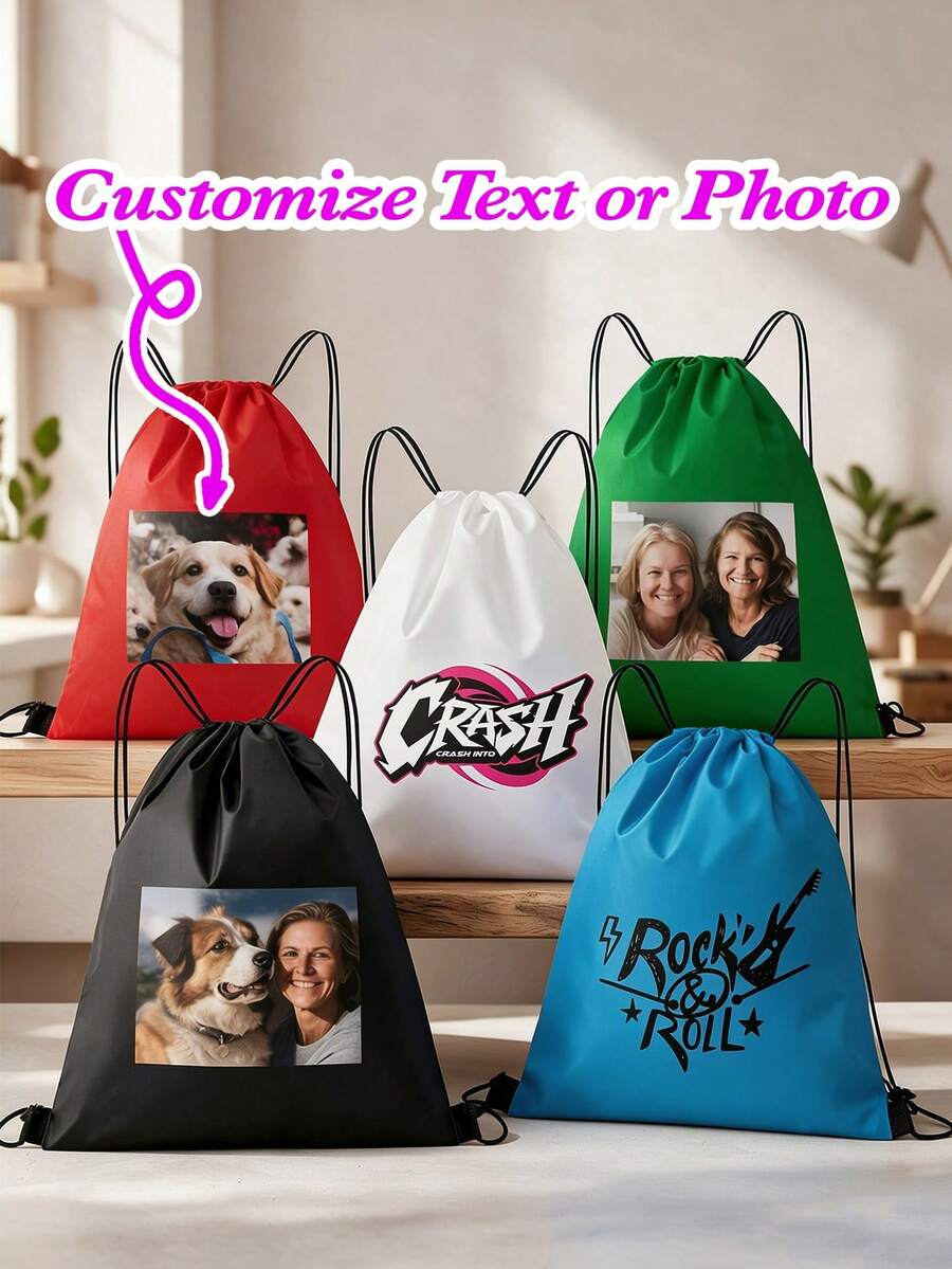 1pc Customized Photo & Text Drawstring Backpack, Personalized Image & Logo Fabric Bag, Lightweight Polyester Rope Bag, Suitable For Sports, Fitness, Beach, Travel And Party Customized Gifts, Unisex, Suitable For Family And Friends Customized Gifts - Multicolor - View 1