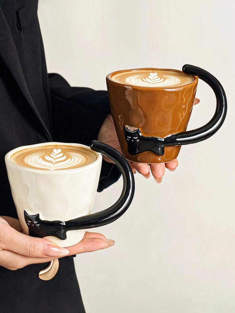 1pc Creative Long-Tailed Black Cat Handle Ceramic Coffee Mug, Korean Ins Style Highly Attractive Handmade Art Mug, Cartoon Cute Style, Perfect Gift For Giving, Exquisite And Interesting Cup - Multicolor - View 1