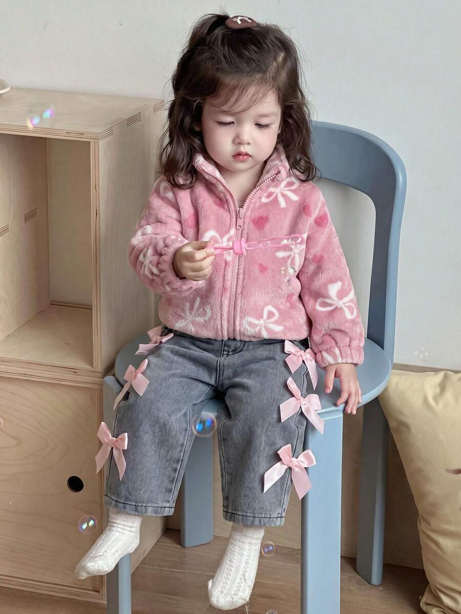 Baby Girl Autumn/Winter 2pcs Set Pink Stand Collar Fleece Jacket With White Bow Pattern + Side Bow Decorated Denim Straight Leg Pants - Pink - View 1