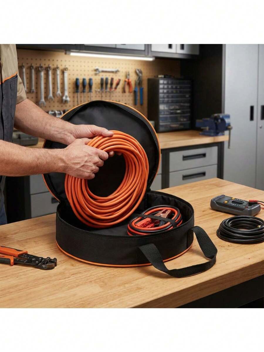 Round Car Cable Storage Bag, Thickened Wear-Resistant Oxford Cloth Material, Large Capacity Space, Can Store Jumper Cables, Extension Cords, Tool Accessories. Dual Handle Design For Easy Carrying, Zipper Closure, Protects Cables, Car, Garage Organization And Storage, Outdoor Auto Repair Tool Storage Bag.