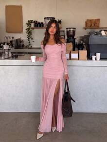 SUNSTORY Women's Autumn Pink Asymmetrical Shoulder Long Sleeve Mesh Ruched Slit Maxi Dress, Elegant & Sexy Style, Suitable For Evening Party, Wedding, Prom, Party, Birthday Gathering - Pink - View 6