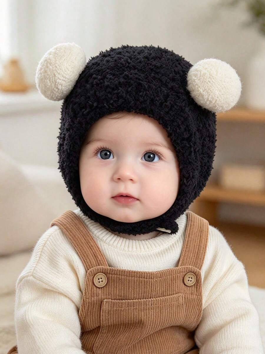 1pc Baby Solid Color Double Pom-Pom Christmas Beanie, Warm Ear Ion Winter Hat, Christmas Gift For Baby - Solid Color - View 1