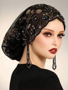 1pc Lace Beaded Muslim Headscarf, Fashion Versatile, High-Quality Handmade, Breathable & Comfortable, Suitable For Various Occasions For Abayas Muslim Women - Multicolor - View 3