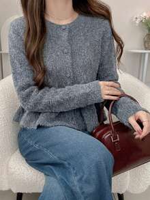FRIFUL Weekend Women's Round Neck Ruffle Trim Long Sleeve Cardigan, Elegant Autumn/Winter Style - Grey - View 5