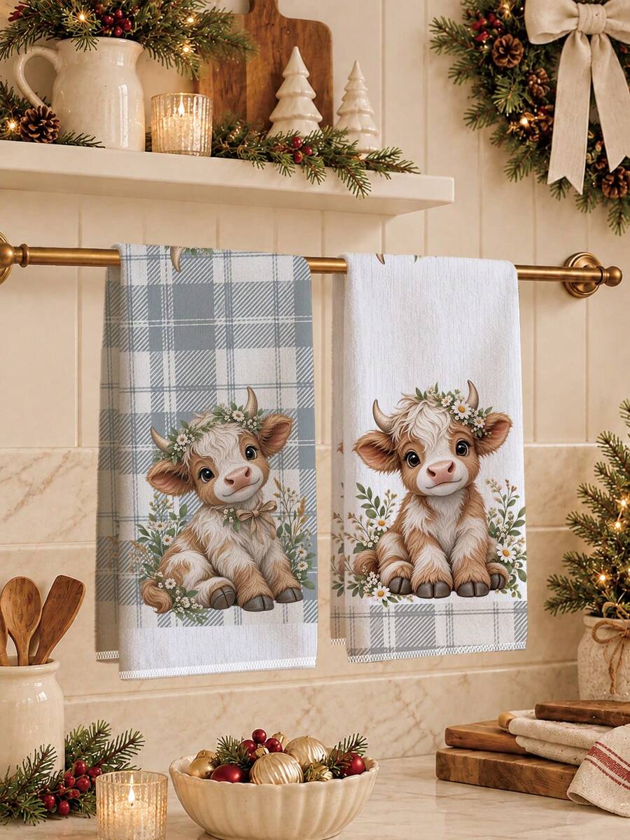 2PCS Kitchen Towels Highland Cow Print 40*60cm Vintage Country Style Rectangular Microfiber Kitchen Towels, Dish Cloths, Tablecloths, Hand Towels, Kitchen Decor, Home Decor, Neighbor Housewarming Gift, Perfect For Kitchen And Bathroom Use, Suitable For Housewives And Family Gathering Gifts, Great Value, Household Essential - Multicolor - View 1