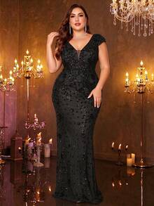 BluePlum High-Quality Elastic Sequin V-Neck Short Sleeve Fitted Mermaid Hem Plus Size Solid Color Elegant Luxury Long Dress, Black, Suitable For Autumn Wedding Party - Black - View 2
