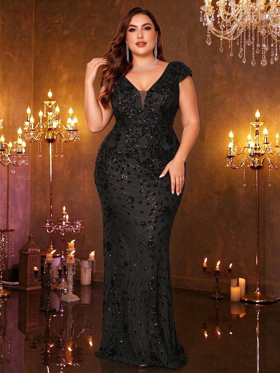 BluePlum High-Quality Elastic Sequin V-Neck Short Sleeve Fitted Mermaid Hem Plus Size Solid Color Elegant Luxury Long Dress, Black, Suitable For Autumn Wedding Party