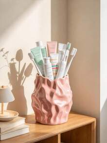 1pc Wavy Aesthetic Toothbrush Holder, Asymmetrical Texture Storage Rack, Suitable For Bathroom Vanity Countertop, Cute Modern Toothpaste And Makeup Brush Storage Cup, Fashion Home Decor Accessory - Multicolor - View 8