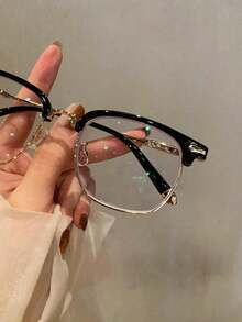 Sophisticated Villain Style Black & Gold Half-Frame Square Glasses For Men, Retro Plain Lens Eyewear - Gold - View 5