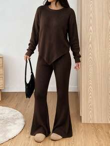 Women's Fall Dark Brown Ribbed Knit Crew Neck Asymmetric Hem Top & High Waist Wide Leg Pants Two Pieces Set, Cozy Casual Commute Loungewear - Brown - View 5
