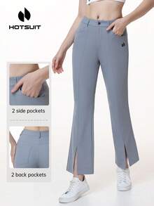 HOTSUIT Women's Knitted Flared With Side Slits & Pockets - Golf-Ready Solid Color Pants Featuring Front Split Design, Ideal For Daily And Sport Wear - Light Grey - View 1