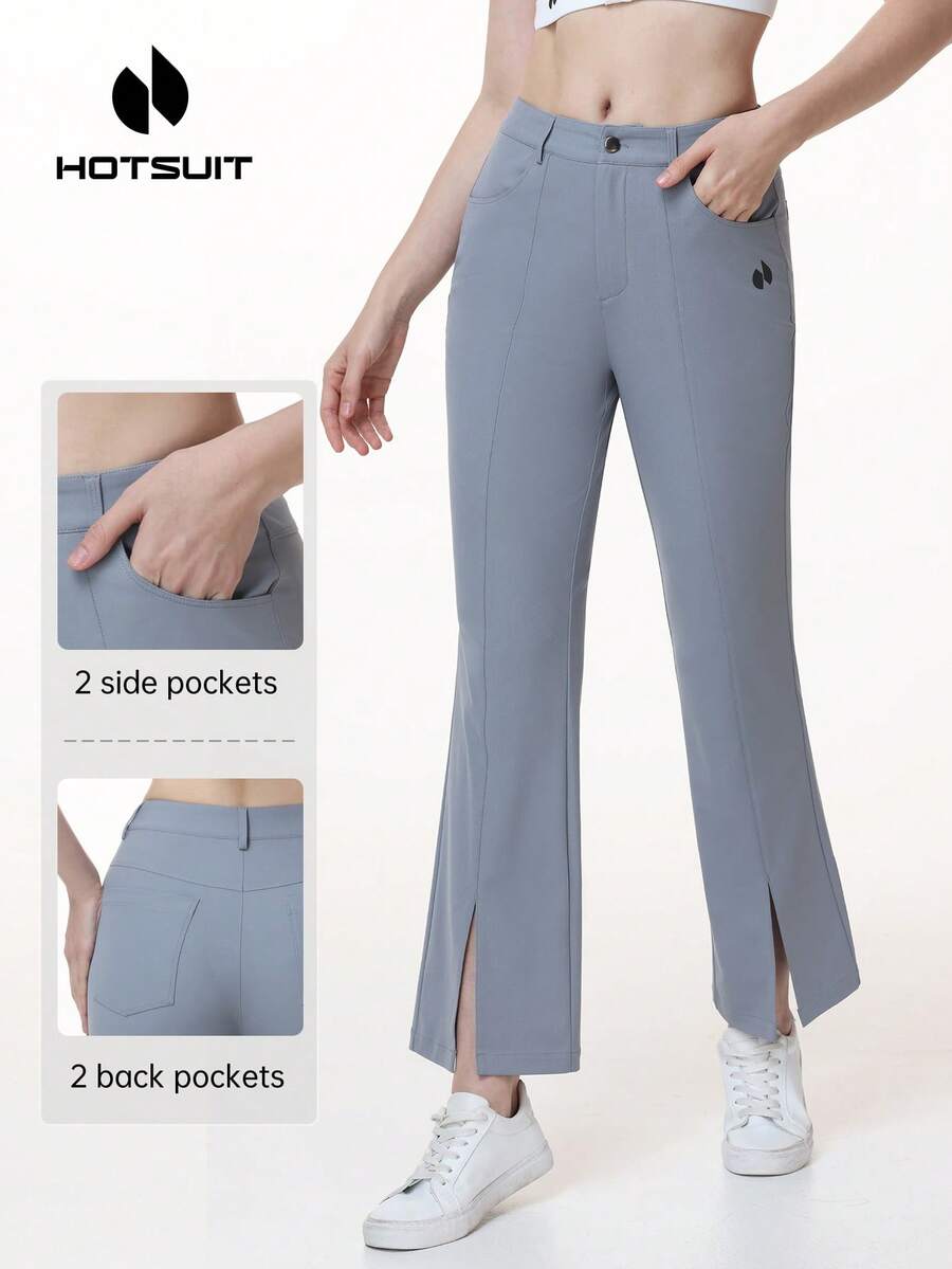 HOTSUIT Women's Knitted Flared With Side Slits & Pockets - Golf-Ready Solid Color Pants Featuring Front Split Design, Ideal For Daily And Sport Wear - Light Grey - View 1