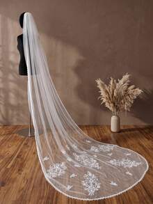 1PC Vintage Baroque Pattern Embroidery Long Train Bridal Veil, Lace Trim Tulle With Comb, Church Wedding Dress Accessory - Multicolor - View 5